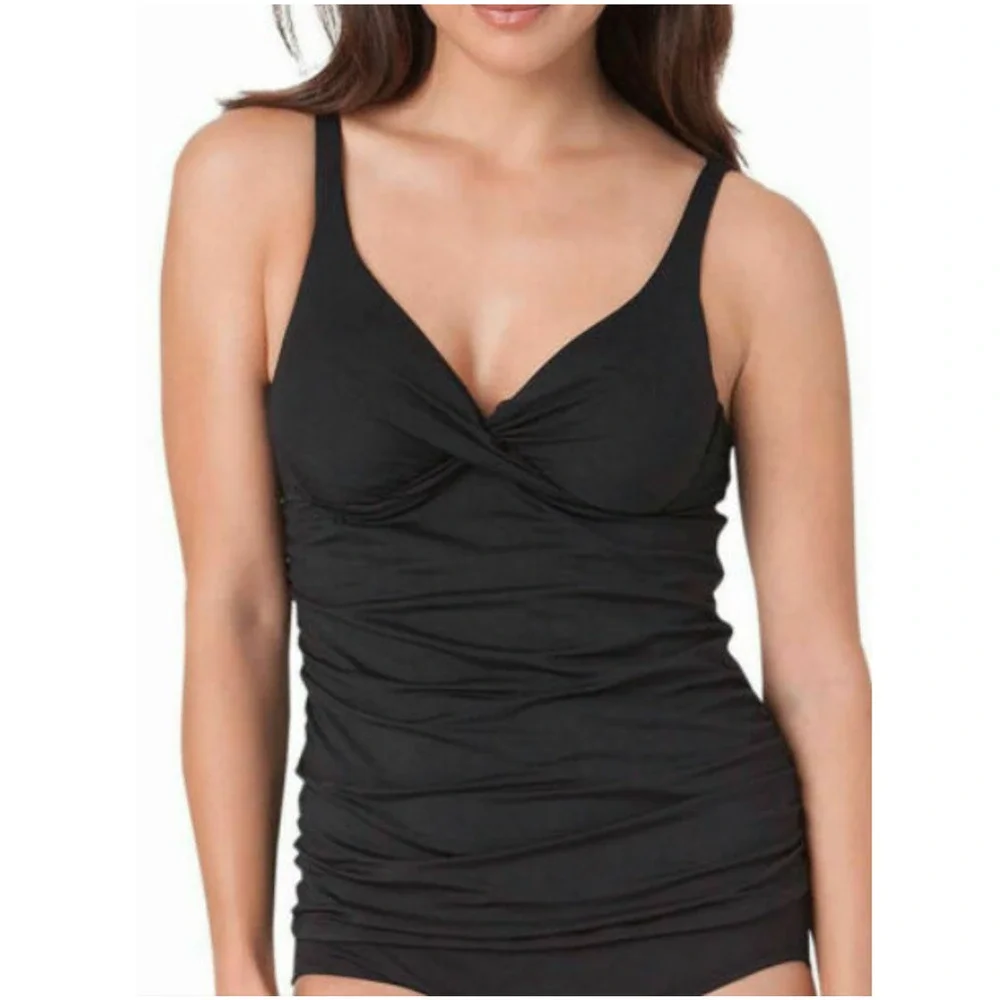 Anne Cole Swim Twist Ruched Tankini Top Black Size 40D
